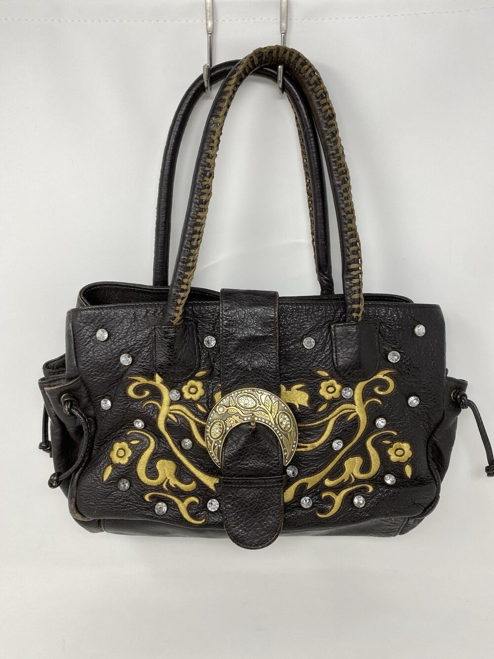 Falchi Handbag Leather Embroidered Satchel Bag Gold Scroll Crystal Studded Y2K